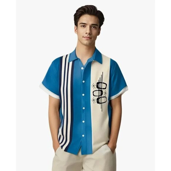 ❤️Men Blue Print Short Sleeve  Hawaiian Fit Casual Button Down Beach Shirts - Picture 4 of 7